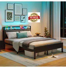 Double Bed Frame with Storage Headboard,Charging Station,LED Lights,4ft6 Metal Platform Upholstered Bed Frame Double Bed,for 135 x 190 cm