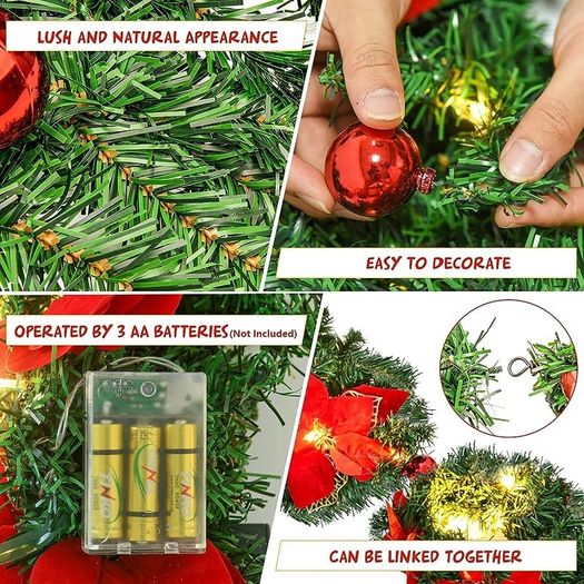 MASSIVE SALE 9FT Christmas Garland Decorations, 2.7M Wreath Garlands Decorations Xmas for Fireplaces Stairs, Christmas Garlands with Lights, Red Flower and Red Ball, Holiday, Wedding Party Decoration