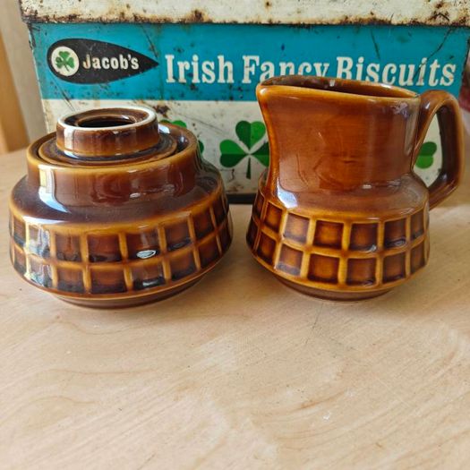 Vintage Retro 1960s, Polish, Pruszkow Glazed Ceramic Milk Cream Jug and Sugar Bowl,