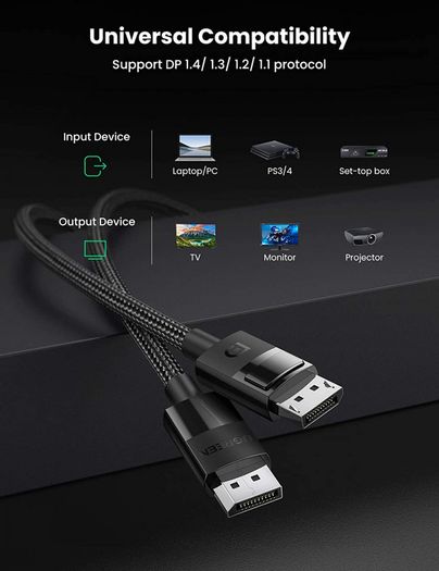 Ugreen Premium 2M DisplayPort 1.4 UHD/3D 8K (7680x4320@60Hz) 32.4Gbps (Cotton Braided/Gold Plated) Cable (Brand New/Warranty)