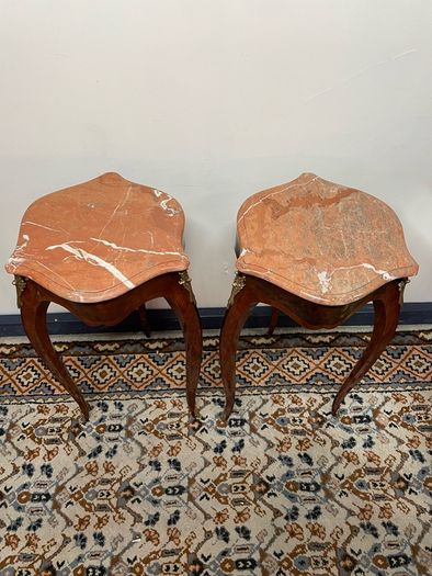 FLASH SALE ! Was 395 now 320 ! Pair of Marquetry & Brass Occasional Tables with Marble Tops.