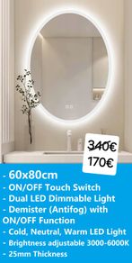 LED Bathroom Mirror 60x80cm Oval Demister Fog Free