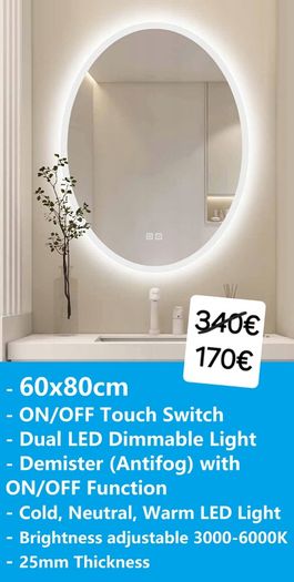 LED Bathroom Mirror 60x80cm Oval Demister Fog Free