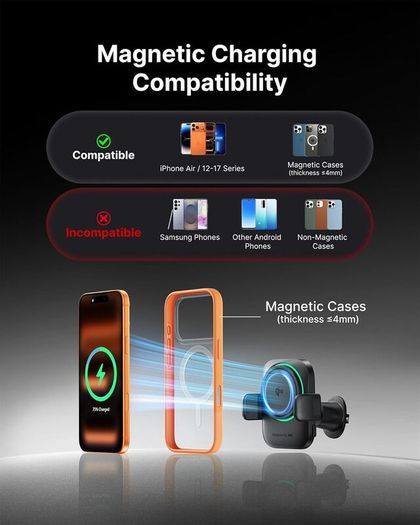 3-in-1 Wireless Car Charger for Magsafe, Extra Clamp for Bumpy Road, Cooling Fan to Extend Battery Life, Original Qi2 Certified 15W Fast Charging Magnetic Car Phone Holder for iPhone 12-17 Series
