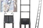 Telescopic Ladder, 5.0 m, Aluminium Folding Ladder with Hooks, Folding Step Boards, Aluminium Multi-Purpose Ladder, 150 kg Load Capacity, Step Spacing 30 cm, Black