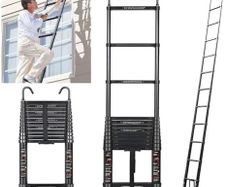 Telescopic Ladder, 5.0 m, Aluminium Folding Ladder with Hooks, Folding Step Boards, Aluminium Multi-Purpose Ladder, 150 kg Load Capacity, Step Spacing 30 cm, Black