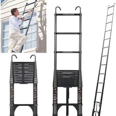Telescopic Ladder, 5.0 m, Aluminium Folding Ladder with Hooks, Folding Step Boards, Aluminium Multi-Purpose Ladder, 150 kg Load Capacity, Step Spacing 30 cm, Black