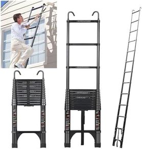 Telescopic Ladder, 5.0 m, Aluminium Folding Ladder with Hooks, Folding Step Boards, Aluminium Multi-Purpose Ladder, 150 kg Load Capacity, Step Spacing 30 cm, Black