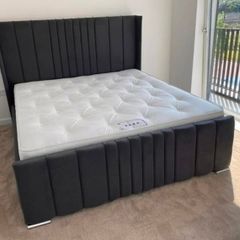 King Size Panel Wingback Bed And Mattress