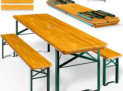 Wooden Folding table (3 pieces) - Bench set wood metal - 180cm camping garden - Dining furniture - With Parasol Hole