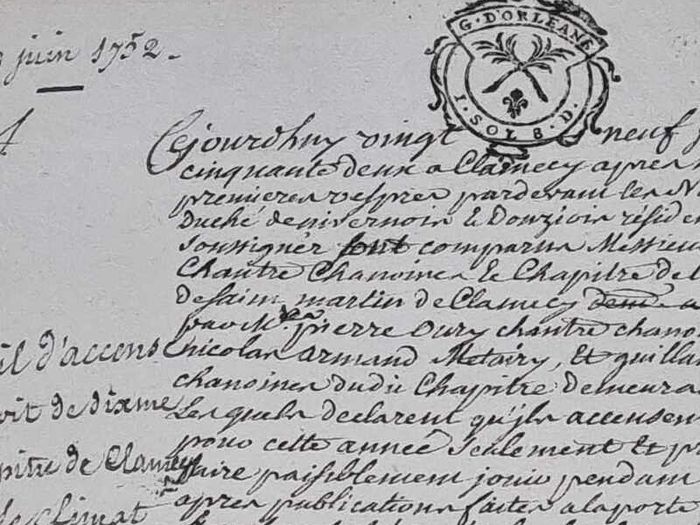 1752 Notarial Agreement: Tithe Lease of Clamecy Bail d'Accense.Signed Antique Document