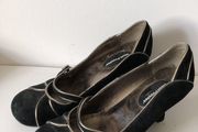 Hush Puppies Black Suede &amp; Silver Mary Jane Heels - UK 6