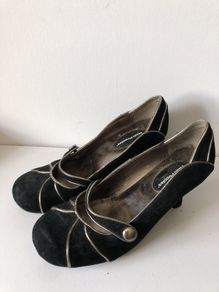 Hush Puppies Black Suede & Silver Mary Jane Heels - UK 6