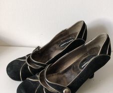 Hush Puppies Black Suede & Silver Mary Jane Heels - UK 6