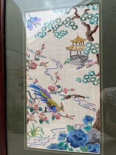 Vintage Chinese Embroidery Framed Bird & Floral Textile Art