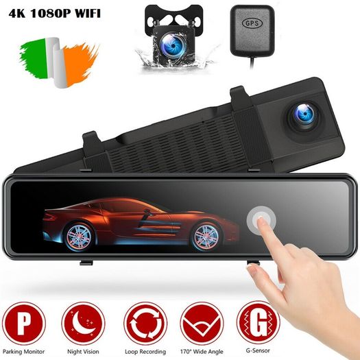 4K GPS Mirror Car Dash Cam 12" Touch Screen Dual Front and Rear Camera Wifi