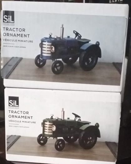 2 Green &blue Sil Ornament Recro Steel Tractors