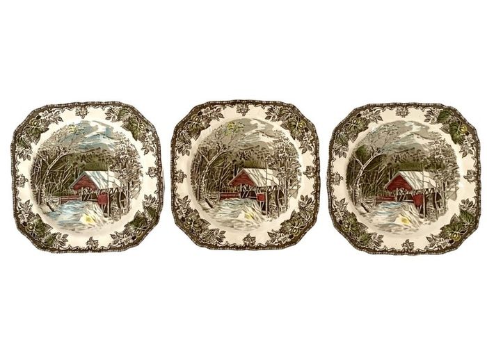 Set of 3 Vintage The Friendly Village The Covered Bridge by Johnson Bros Square Bone China Plates