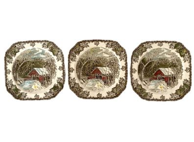 Set of 3 Vintage The Friendly Village The Covered Bridge by Johnson Bros Square Bone China Plates