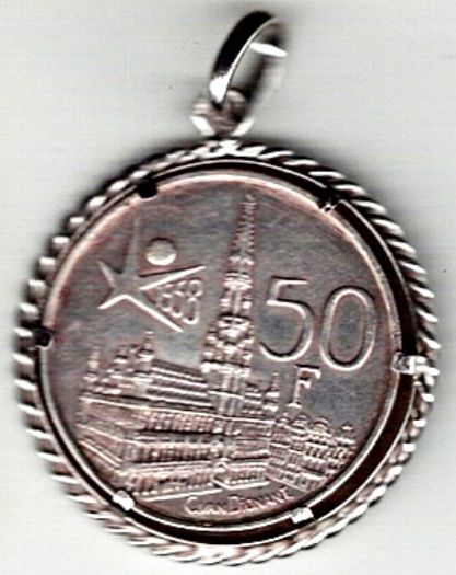 1958 Silver 50 Francs Belgium Coin Pendant