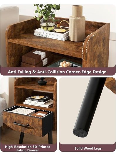 Bedside Table Set of 2, Nightstand, Side Table, Wooden Sofa End Table with Fabric Drawer, Open Shelf, Solid Wood Legs, 39x29x63 cm, for Bedroom, Living Room, Rustic Brown