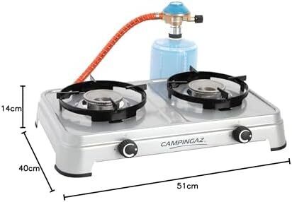 Camping Cook CV Gas Stove, 2-Burner, Camping Stove, Operation with Gas Cartridge, Portable Gas Stove with 3600 W, Cartridge Stove with 2 Infinitely Adjustable Hotplates