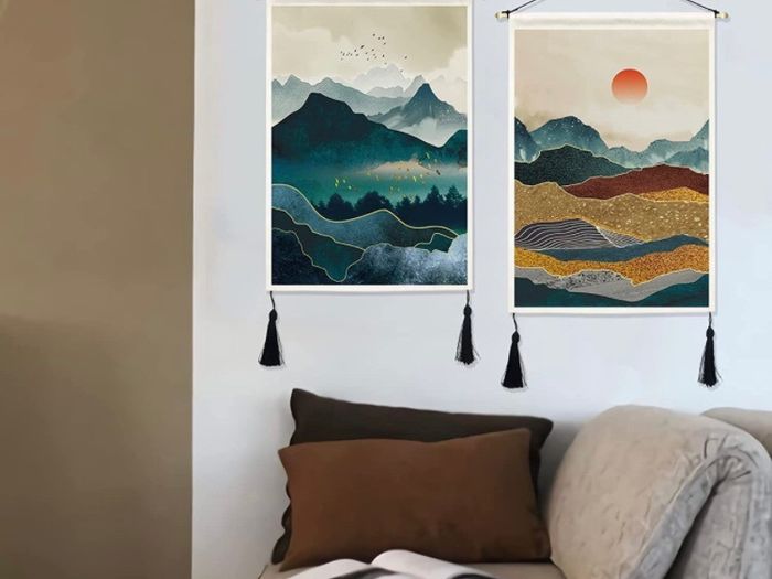 2 Pack Japanese Mountain Tapestry Wall Hanging with Tassels Misty Forest Tapestries Wall Art Sun Nature Landscape Home Decor for Bedroom Aesthetic (35 x 50cm)