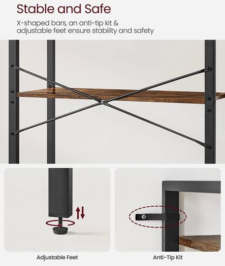 5-Tier Bookshelf, Tall Bookcase, Shelving Unit, Standing Display Storage Rack with Steel Frame, for Living Room, Office, Study, Industrial Style, Rustic Brown and Black (FREE POSTAGE)