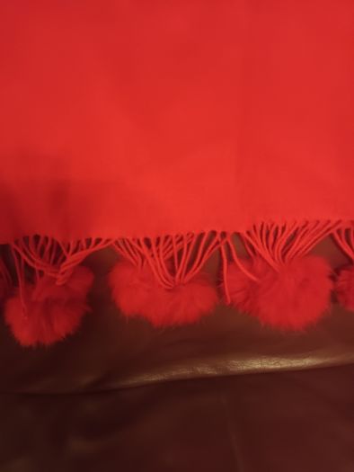 Red Cashmere Mix Pashmina/Shawl with Rabbit Fur Pom Poms BNWOT