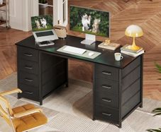 Computer Desk with 8 Fabric Drawers, Office Desk with Storage  120 x 48 cm Black Home Office Desk, PC Study Desk for Bedroom and Living Room Compact Work Table with More Storage Space