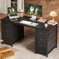 Computer Desk with 8 Fabric Drawers, Office Desk with Storage  120 x 48 cm Black Home Office Desk, PC Study Desk for Bedroom and Living Room Compact Work Table with More Storage Space