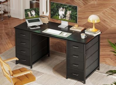 Computer Desk with 8 Fabric Drawers, Office Desk with Storage  120 x 48 cm Black Home Office Desk, PC Study Desk for Bedroom and Living Room Compact Work Table with More Storage Space