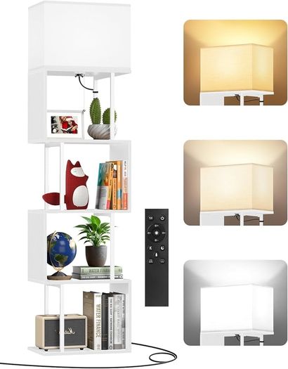 5-Tier Floor Lamp with Shelves & Remote, Dimmable S-Shaped Bookshelf with 3 Color Temperature, 1-Hour Timer, Tall Corner Standing Lamp for Living Room, Bedroom, Office White