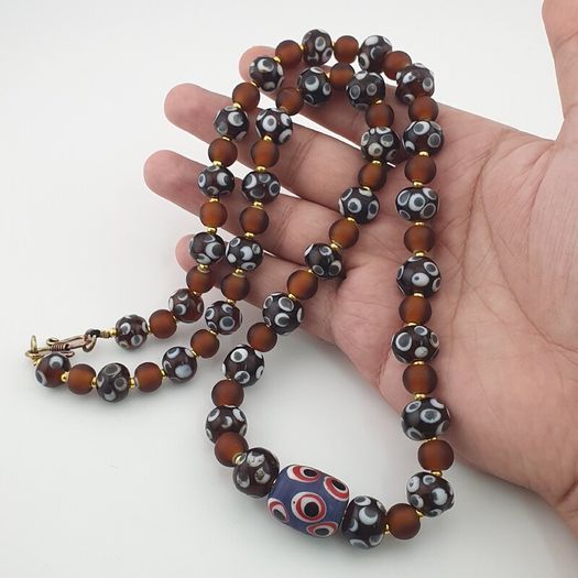 Antique Venetian African Style Skunk Eyes & Brown Glass Beads Necklace