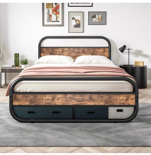 King Size Bed Metal Platform Bed Frame with Wood Headboard