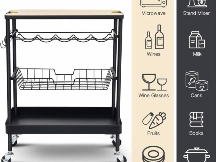Kitchen Island Storage Trolley with Wine Rack,Serving Trolleys with Utility Wood Tabletop,4-Tier Rolling Cart with Basket Drawer Lockable Casters for Home,Dining Room,Restaurant,Hotel (FREE POSTAGE)