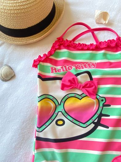 Kids Sanrio Hello Kitty Pink and Green Striped One Piece Swimsuit