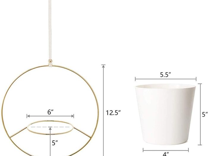 Boho Hanging Planter, Set of 2 Round Metal Plant Hanger with Plastic Plant Pot, Modern Wall and Ceiling Planter Mid Century Flower Pot Holder, Fits 15cm Planter, Gold (Pots Included)