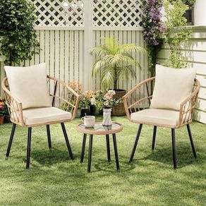 3 Piece Rattan Bistro Set Removable Cushions
