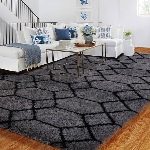 120 x 180 cm, Grey and Black, Soft Large Living Room Rug, Girls, Boys, Youth, Children's Room, High Pile, Fluffy Long Pile Bed Rug
