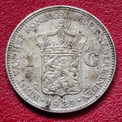 Netherlands 1 Gulden 1929 Queen Wilhelmina Silver Coin