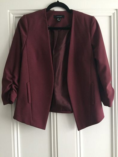 Burgundy or wine-colored ruched-sleeve blazer: Size 8