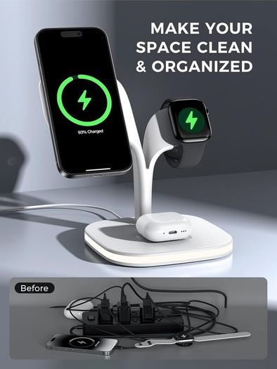3 in 1 Wireless Charging Station for Apple Devices, MagSafe Wireless Charger Magnetic Charging for iPhone 17/Air/16/15/14/13/12 Series, AirPods Pro 4/3/2,Apple Watch Series/Ultra (with 20W PD Charger)