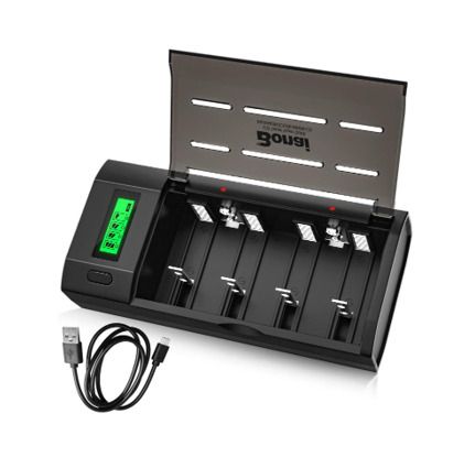 BONAI LCD Rechargeable Battery Charger For C, D, AA, AAA Battery (Ni-Mh or Ni-Cd) and 9V Battery (Ni-Mh or Li-ion) - LCD Universal Battery Charger With Discharge Function [Black]