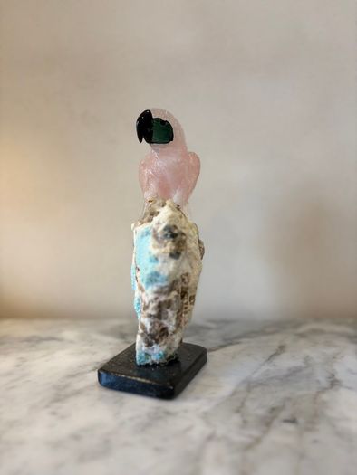Hand-Carved Rose Quartz Parrot on Raw Amazonite & Crystal Matrix Base