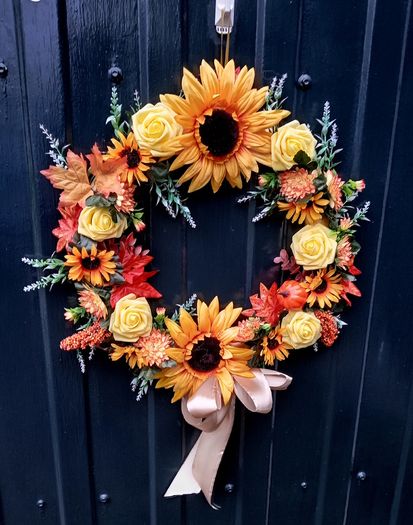 Autumnal sunflower and rose door wreath