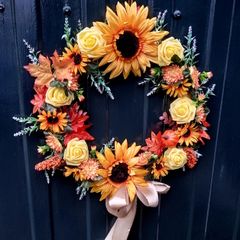Autumnal sunflower and rose door wreath
