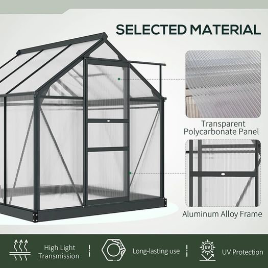 6 x 6ft Polycarbonate Greenhouse, Large Walk-In Green House with Slide Door and Window, Garden Plants Grow House with Aluminium Frame and Foundation, Grey