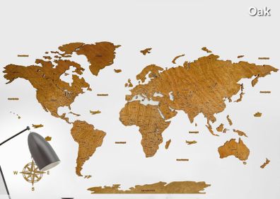 2D Premium Wooden World Map Country Borders US and Canada States Borders Country Names Country Capital Names 400 World Biggest City Names