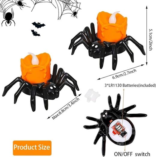 Spider Tea Lights Set of 6 Flameless LED Candles for Spooky Halloween Decor with Spider Candle Holder, Orange Flickering Tea Lights